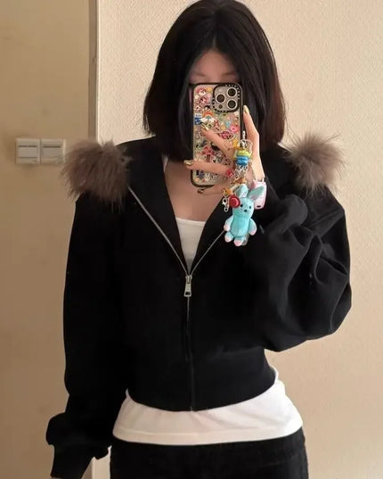 Women's Faux Fur Collar Cropped Zipper Hooded Jacket