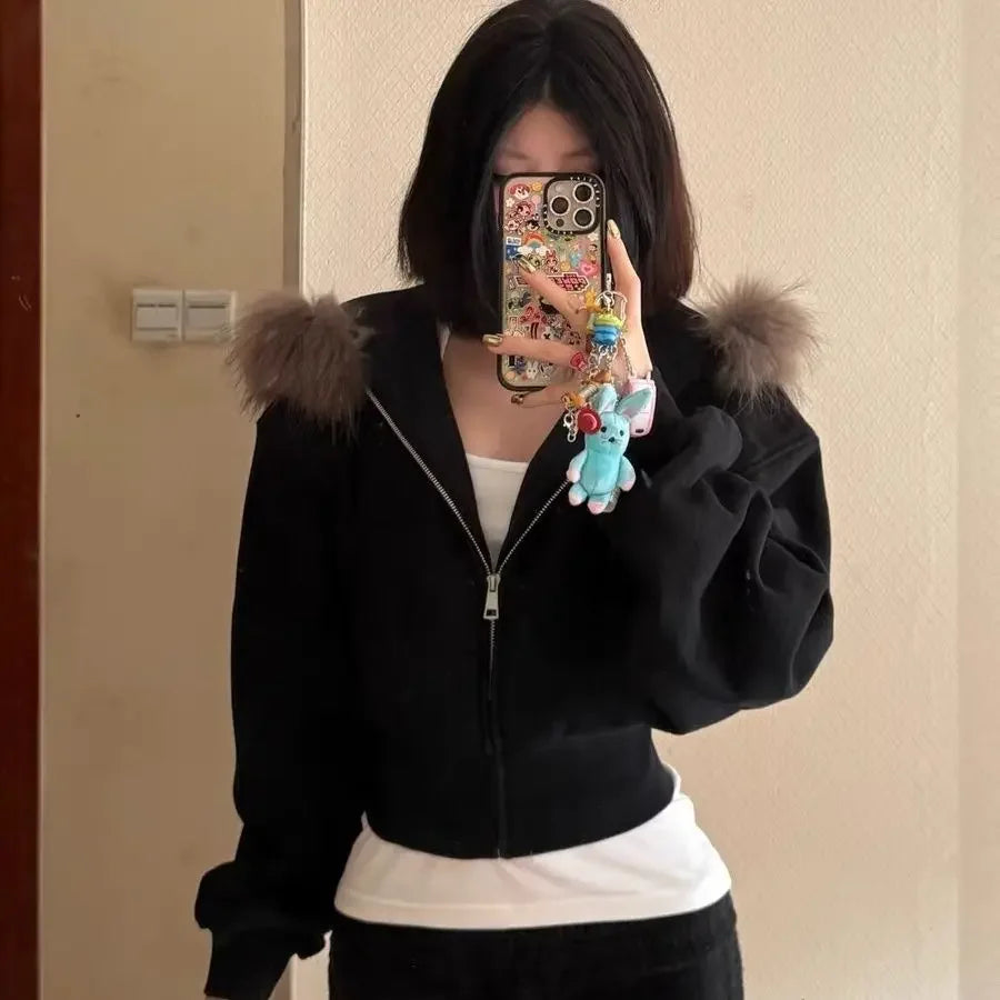 Women's Faux Fur Collar Cropped Zipper Hooded Jacket