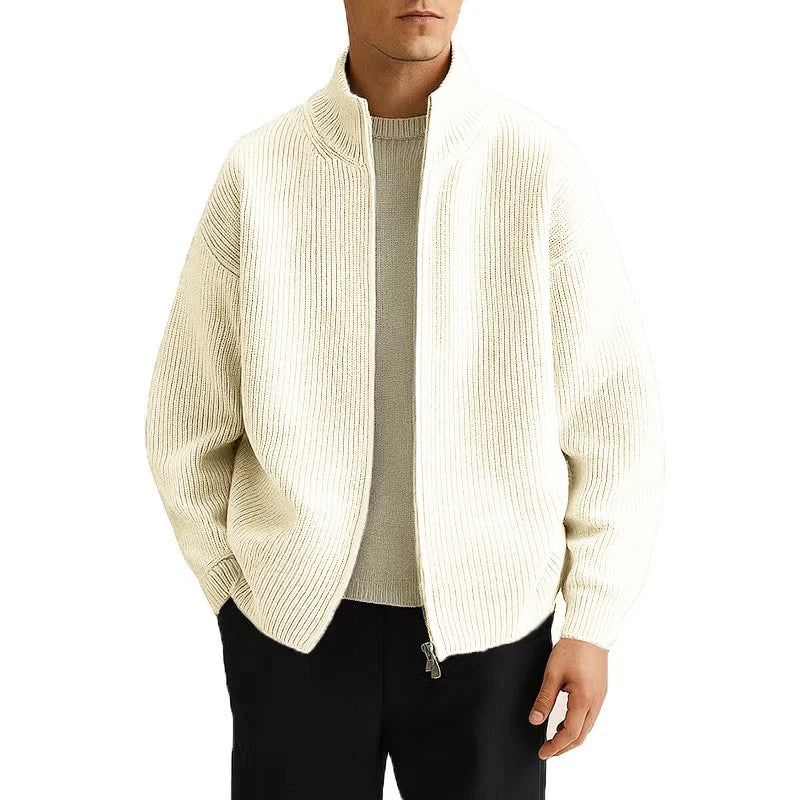 Men's Full Zip Cardigan Sweater with Mock Neck - Ribbed Knitted Men's Casual Sweater