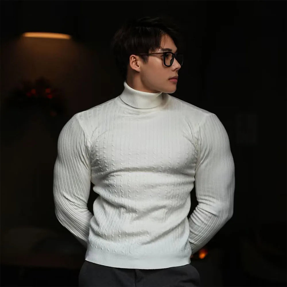Men's Striped Knit Long Sleeve Turtleneck Sweater