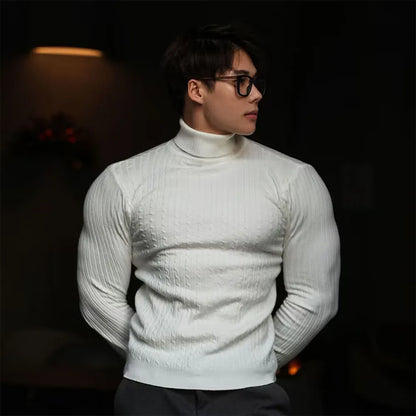 Men's Striped Knit Long Sleeve Turtleneck Sweater