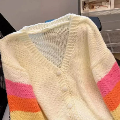 Rainbow-Striped Knitted Women's Cardigan with Button Closure