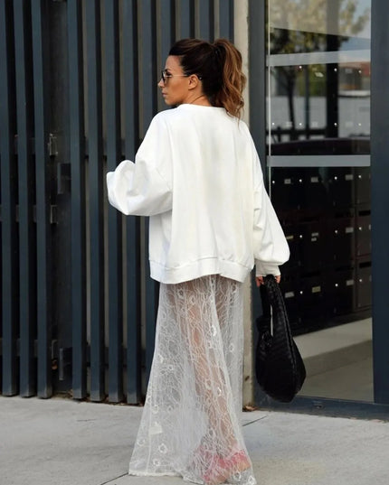 Elegant Jacquard Lace Sheer Maxi Skirt for Women with Elastic Waist and Transparent Design