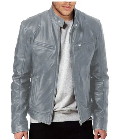 Men's Slim Fit Faux Leather Motorcycle Jacket - Short Lapel PU Coat with Zipper
