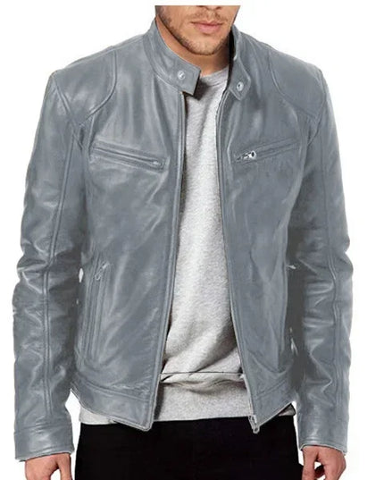 Men's Slim Fit Faux Leather Motorcycle Jacket - Short Lapel PU Coat with Zipper