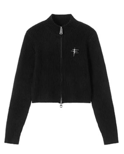 Women's Vintage Zipper Cardigan - Cropped Knit Sweater for Women