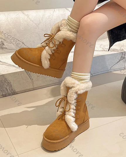 Women's Warm Fur-Lined Lace-Up Fluffy Plush Ankle Boots with Cotton Padding