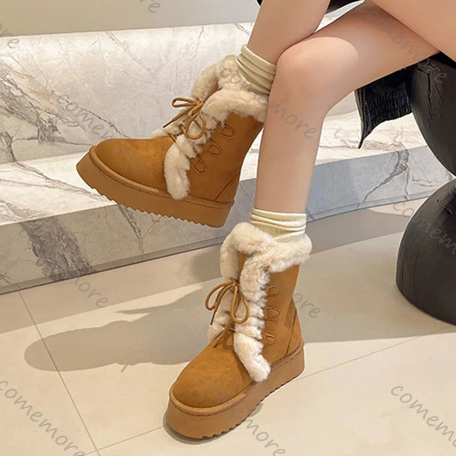 Women's Warm Fur-Lined Lace-Up Fluffy Plush Ankle Boots with Cotton Padding