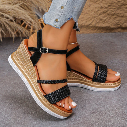 Women's Braided Wedge Sandals - Lightweight Platform Shoes with Buckle Strap