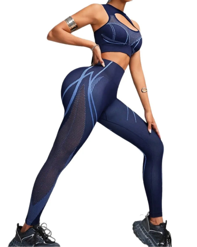 Women's High-Elastic Seamless Padded Sports Bra and Mesh Pants Two-Piece Set