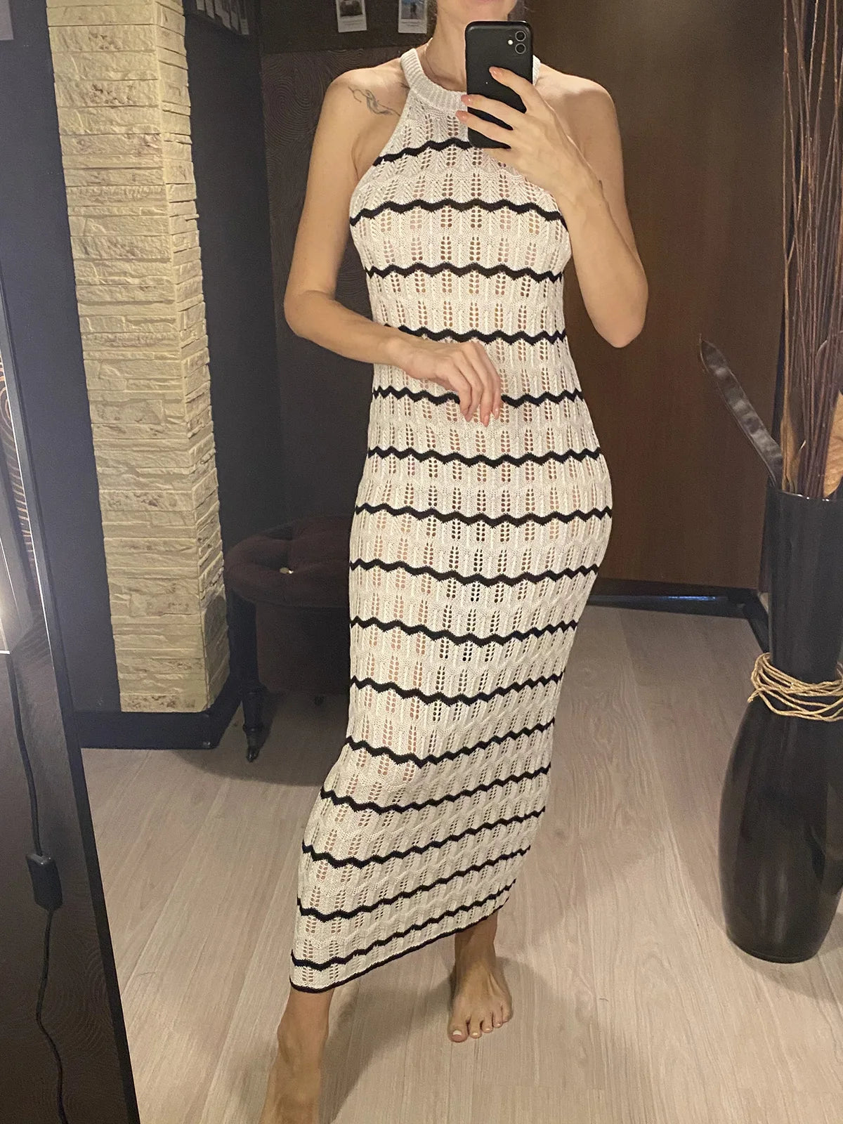Women's Sleeveless Striped Hollow-Out Crochet Knit Dress