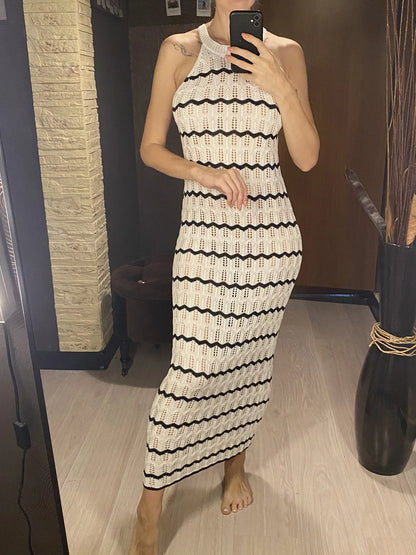 Women's Sleeveless Striped Hollow-Out Crochet Knit Dress
