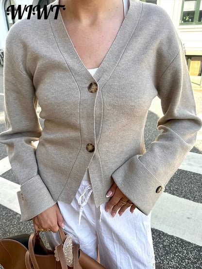 Women's Knitted V-Neck Cardigans with Slim Fit & Button Design