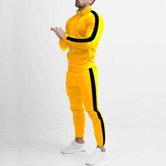 Men's Two-Piece Striped Standing Collar Zipper Jacket & Jogger Set