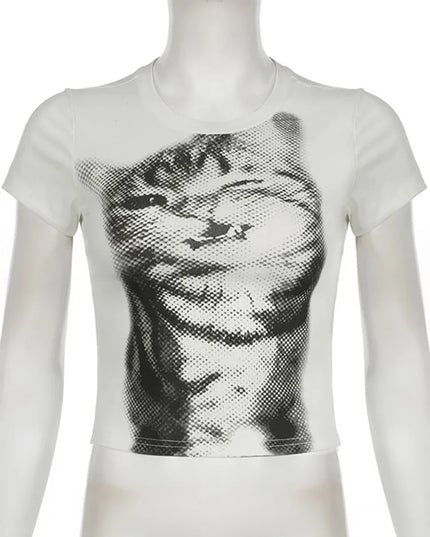 Women's Cat Print Cropped T-Shirt, Crewneck, Slim Fit Tee