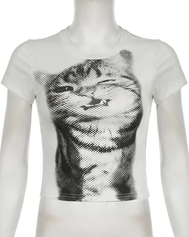Women's Cat Print Cropped T-Shirt, Crewneck, Slim Fit Tee