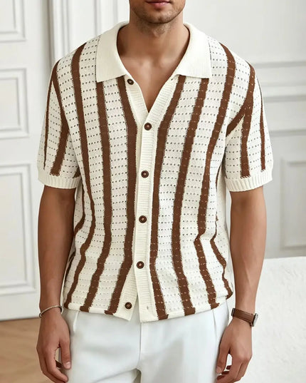 Men's Short Sleeve Striped Knit Polo Shirt - Button-Down Mesh Fabric