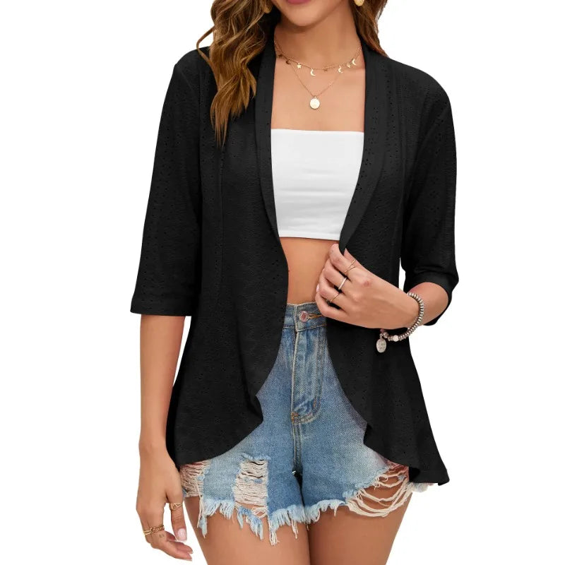 Elegant Women's Mid Sleeve Casual Cardigan with Soft, Loose Fit and Hollow Out Design