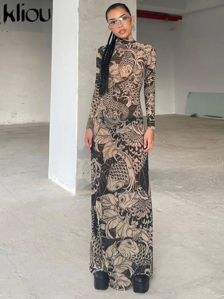 Women's Long Sleeve Mesh Sheer Bodycon Dress