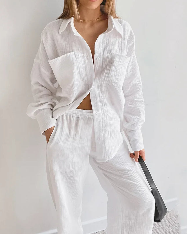 Women's Cotton Two-Piece Long Sleeve Loose Shirt and Pants Set