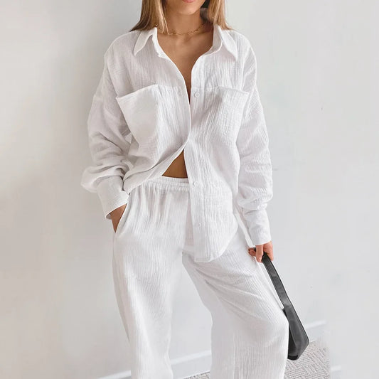 Women's Cotton Two-Piece Long Sleeve Loose Shirt and Pants Set
