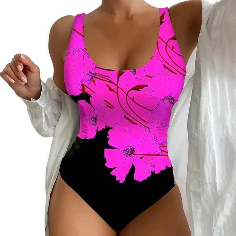 Women's One Piece Swimsuit with Floral Design and Push-Up Support
