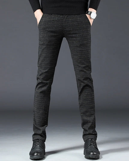 Men's Slim Fit Brushed Cotton-Linen Straight Plaid Trousers