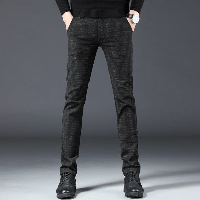Men's Slim Fit Brushed Cotton-Linen Straight Plaid Trousers