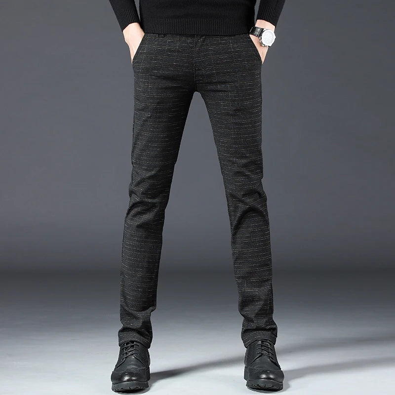 Men's Slim Fit Brushed Cotton-Linen Straight Plaid Trousers