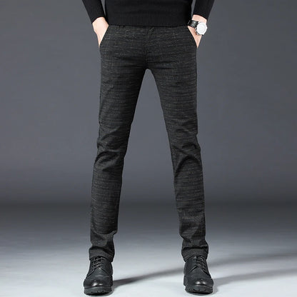 Men's Slim Fit Brushed Cotton-Linen Straight Plaid Trousers