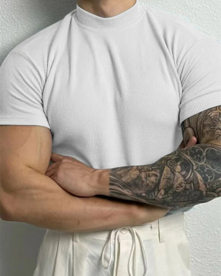 Men's Slim Fit Short Sleeve T-Shirt with High Collar and Stripe Design