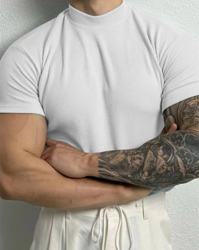 Men's Slim Fit Short Sleeve T-Shirt with High Collar and Stripe Design