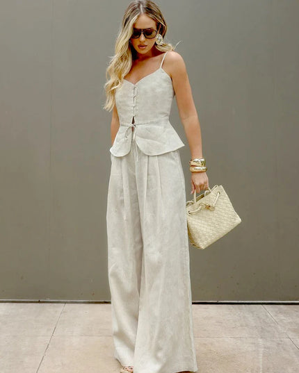 Women's Two-Piece Outfit Set – Sleeveless Vest & High-Waist Wide-Leg Trousers