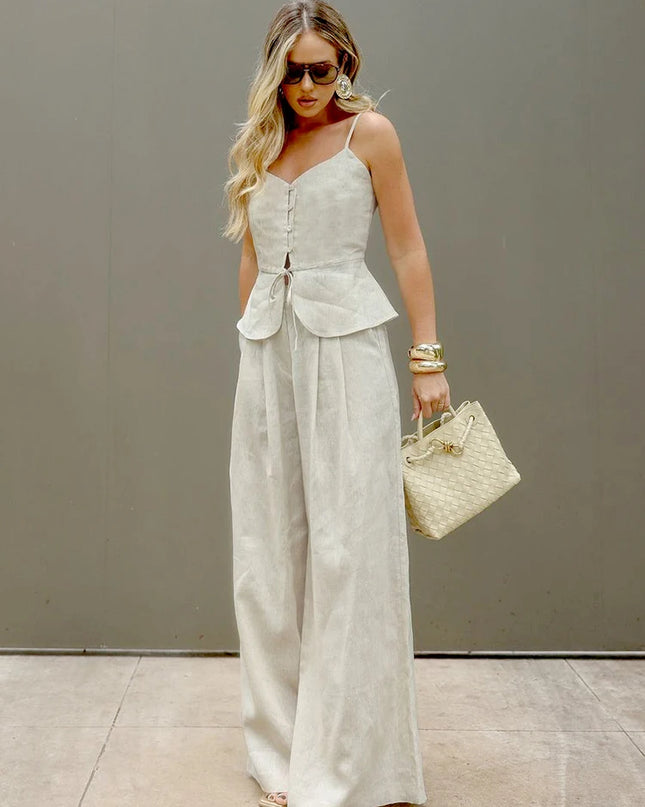 Women's Two-Piece Outfit Set – Sleeveless Vest & High-Waist Wide-Leg Trousers