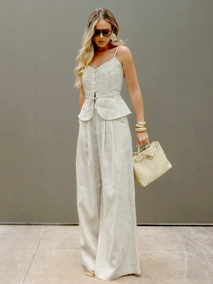 Women's Two-Piece Outfit Set – Sleeveless Vest & High-Waist Wide-Leg Trousers
