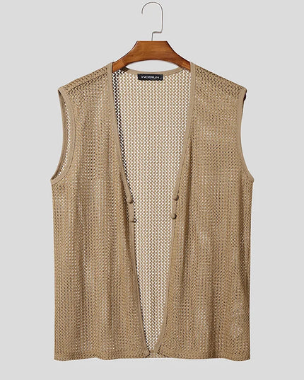 Men's Summer Tank Top with Solid Design, Hollow Out, See-Through Style, and Button Detail
