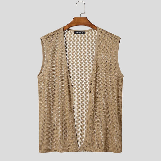 Men's Summer Tank Top with Solid Design, Hollow Out, See-Through Style, and Button Detail