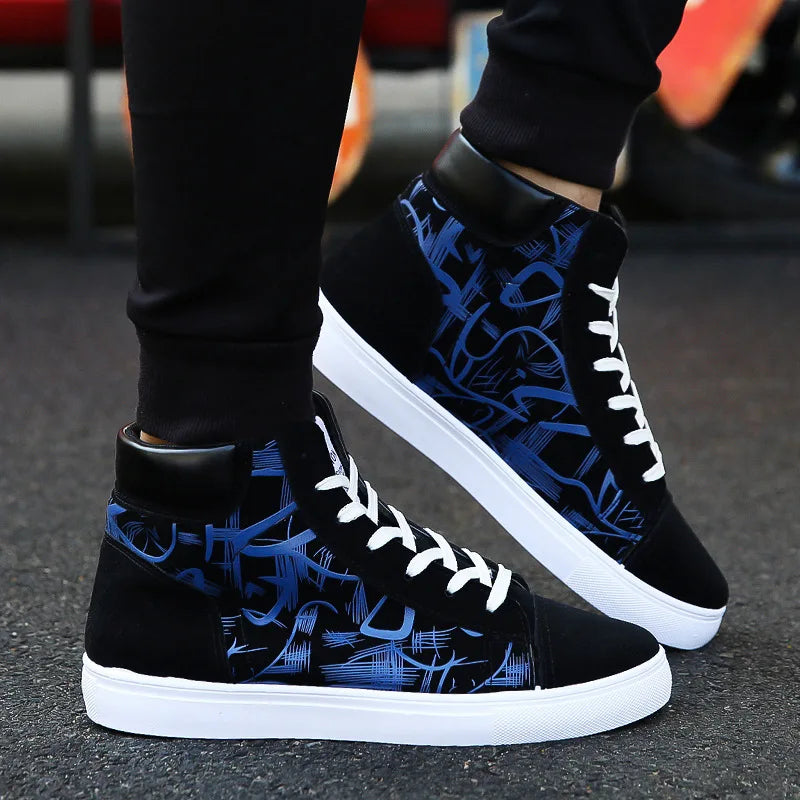 Men's Lace-Up High-Top Canvas Sneakers with Vulcanized Sole