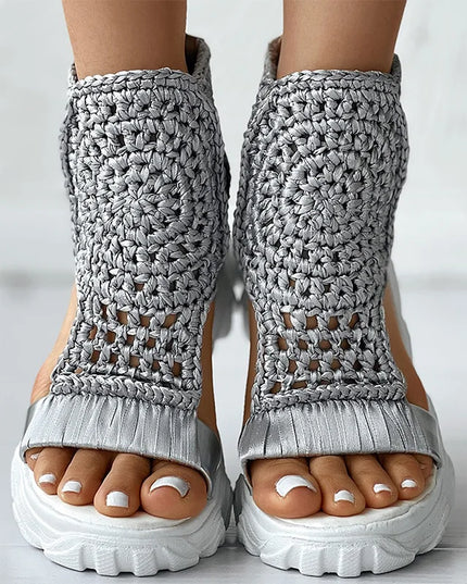 Knitted Women's Sandals with Braided Elastic and Mesh, Flat Bottom Design