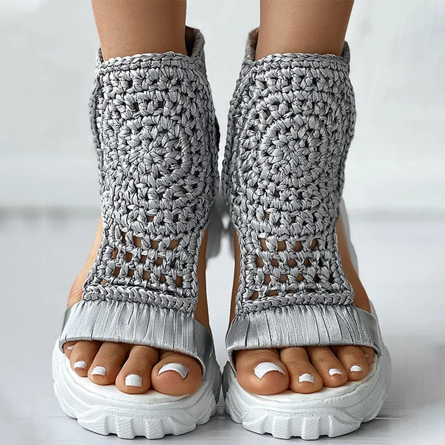 Knitted Women's Sandals with Braided Elastic and Mesh, Flat Bottom Design