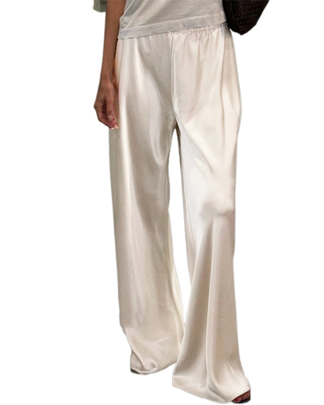 Women's Satin Wide Leg Pants - Casual High Waist Elastic Waistline