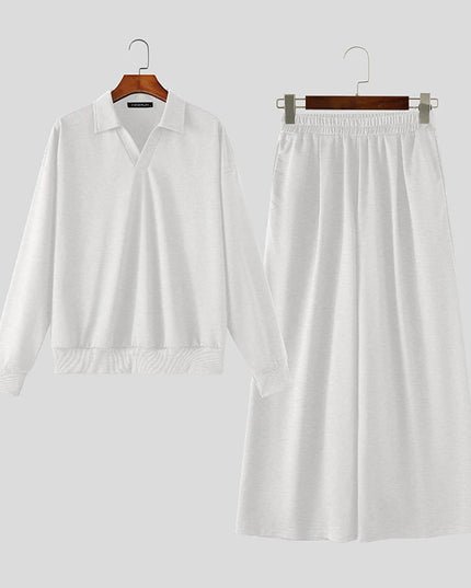 INCERUN Men’s Two-Piece Set with Long-Sleeve Sweatshirt and Wide-Leg Pants