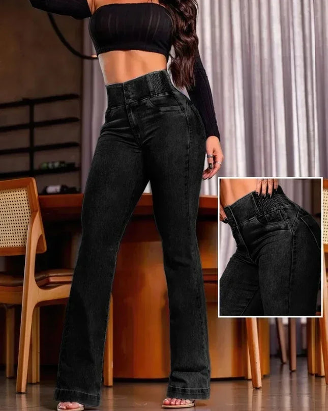 Elegant High-Waist Button-Front Cotton Jeans