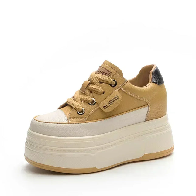 Hidden Heel High Platform Sneakers for Women Chunky Wedge - Genuine Leather