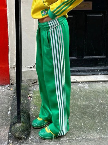 Women's Wide Leg Track Pants - Baggy Side Striped Sweatpants with Elastic Waistband