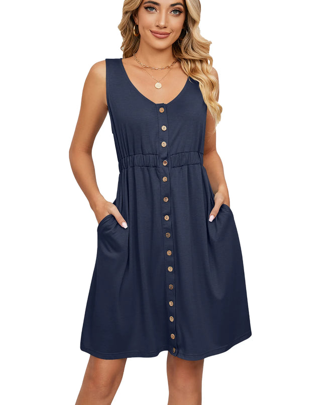 Women’s Sleeveless Button-Down Dress with Elastic Waist – Swing Style, Loose Fit