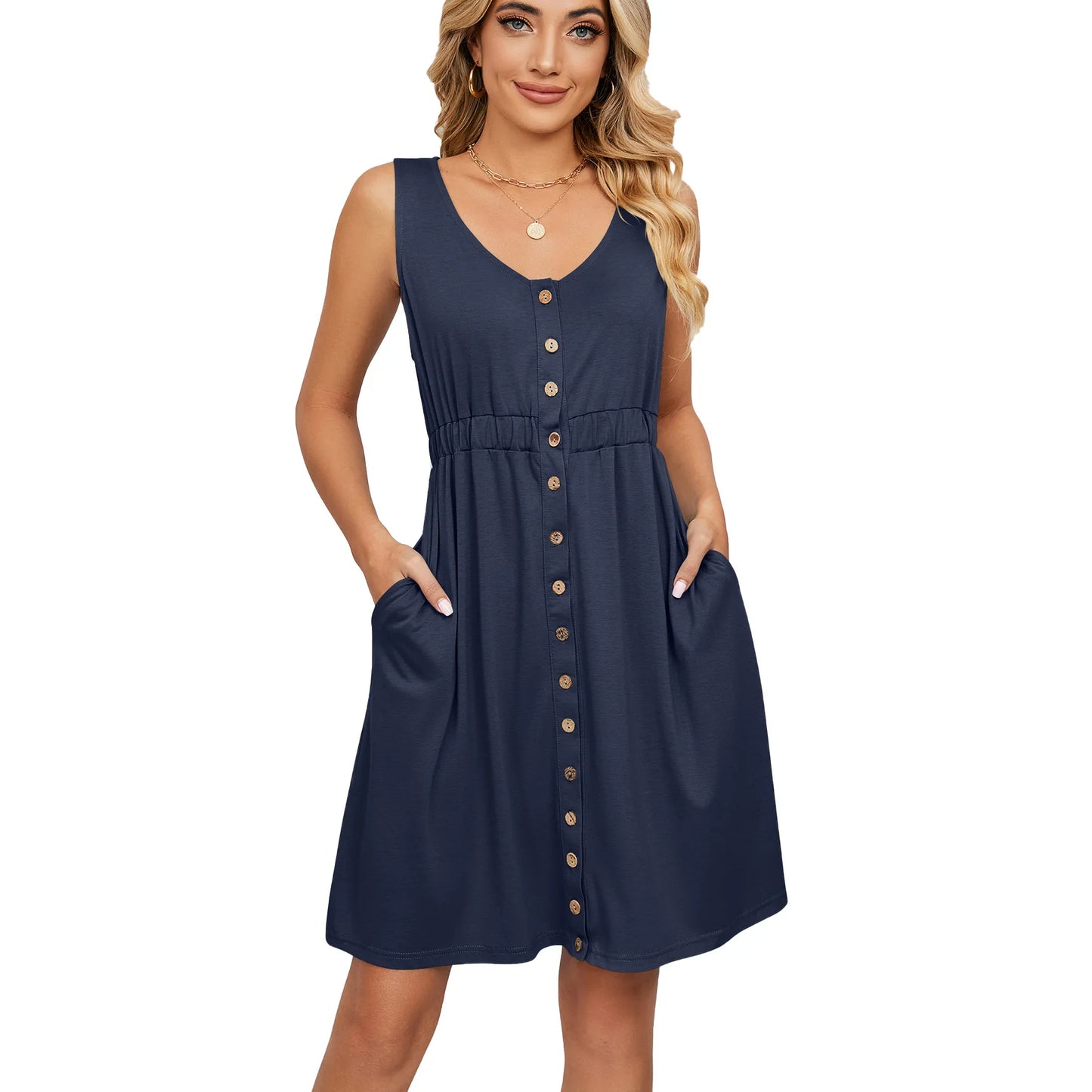 Women’s Sleeveless Button-Down Dress with Elastic Waist – Swing Style, Loose Fit