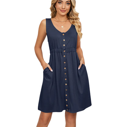 Women’s Sleeveless Button-Down Dress with Elastic Waist – Swing Style, Loose Fit