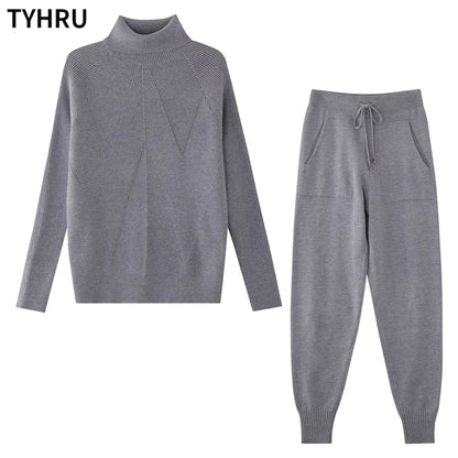 TYHRU Women's Striped Turtleneck Sweater & Drawstring Pants Set
