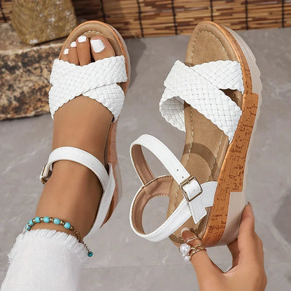 Stylish Woven Ankle Strap Wedge Sandals for Women – Braided Platform Heels with Thick Sole